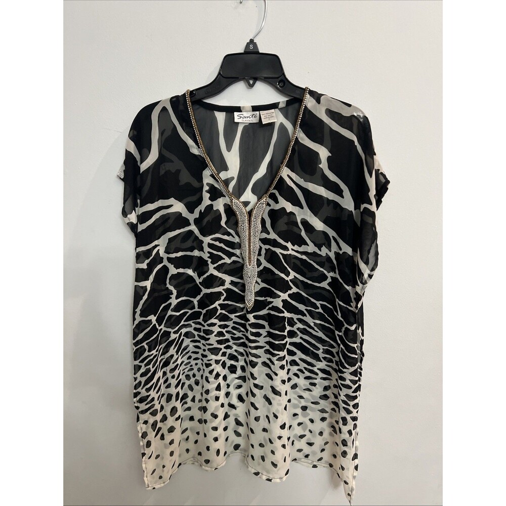 Sante Leopard Embellished Vneck  Sheer Tunic Boho Sm Cottage Core Boho